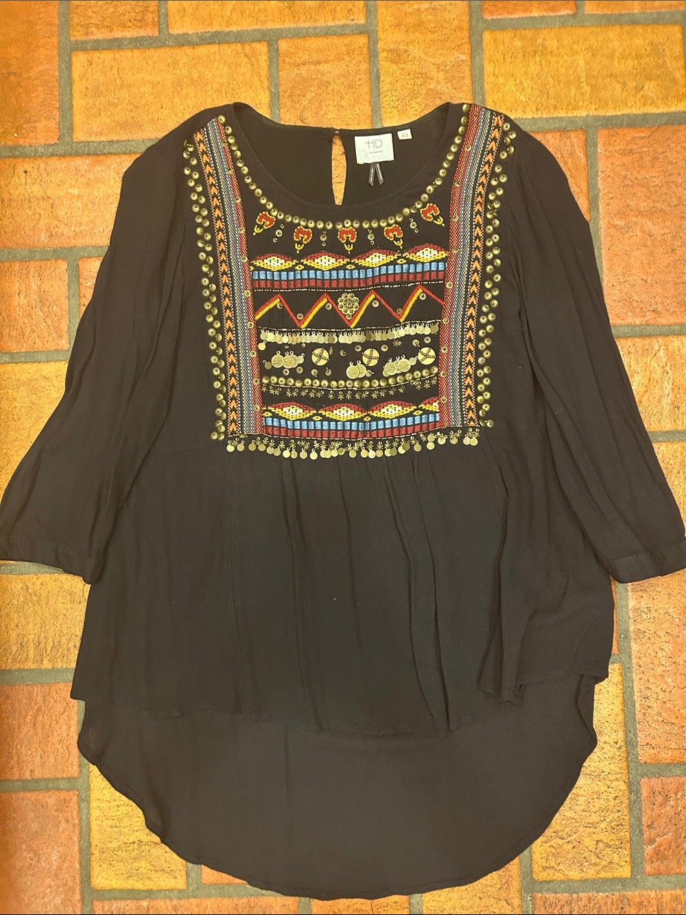 HD in Paris Black Boho Embroidered Tunic with Metallic Accents